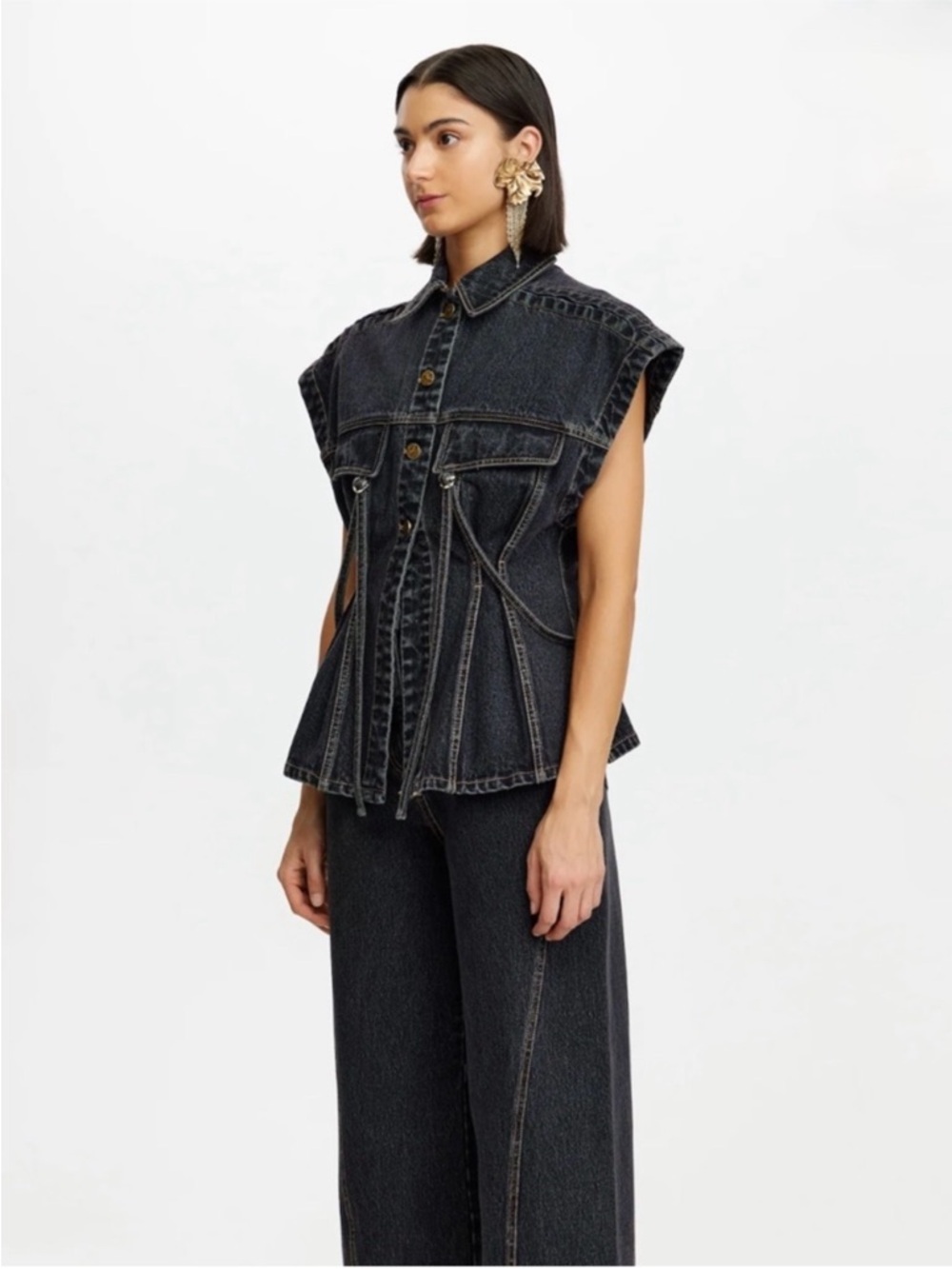 Acler Washed Black Denim Sleeveless Top with Wide-Leg Jeans